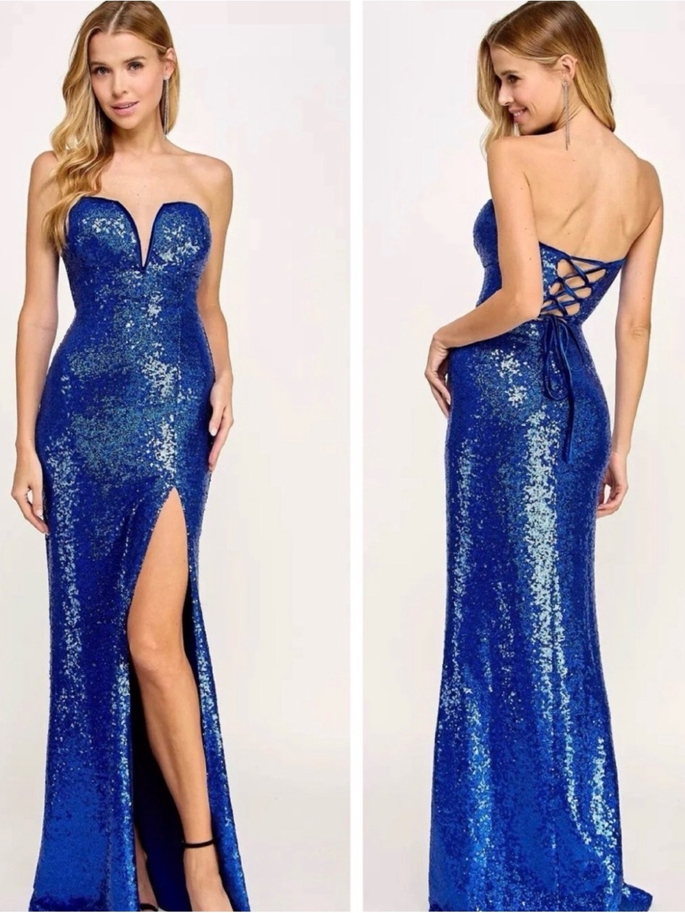 Honey and Rosie Strapless Deep V-Neck Sequin Long Dress in Cobalt Blue, Size XL